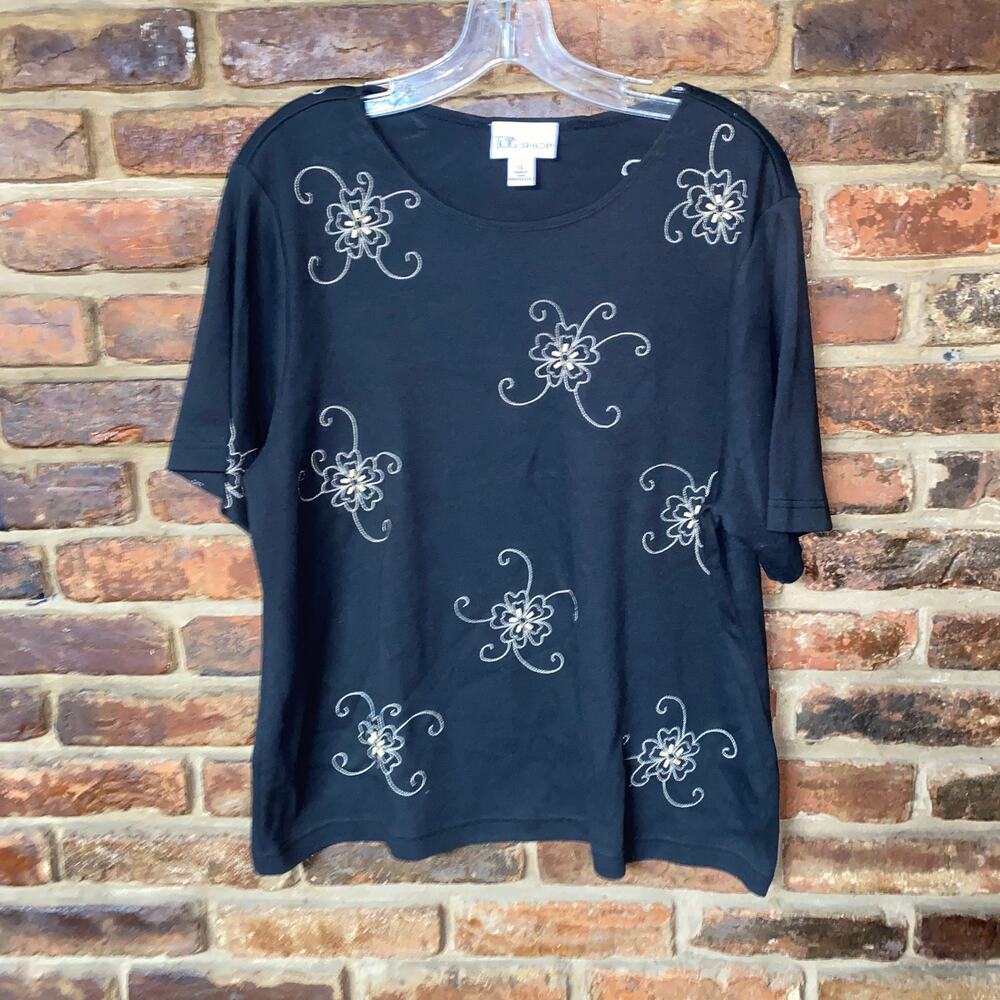 The Tog Shop Black Beige Floral Beaded Embroidered Short Sleeve Top Women's XL